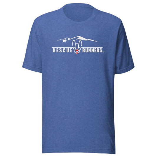Rescue Runners Logo T Shirt Heather Blue Front Print
