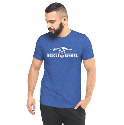 Rescue Runners Logo T Shirt Heather Blue on Model 2